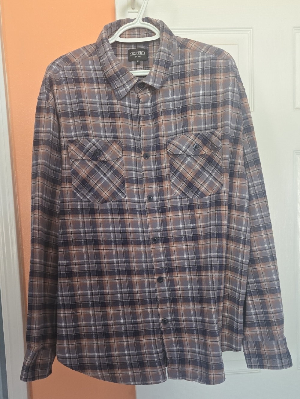 Gioberti Men's Long-Sleeve Plaid Button-Down Shirt in Navy and Tan